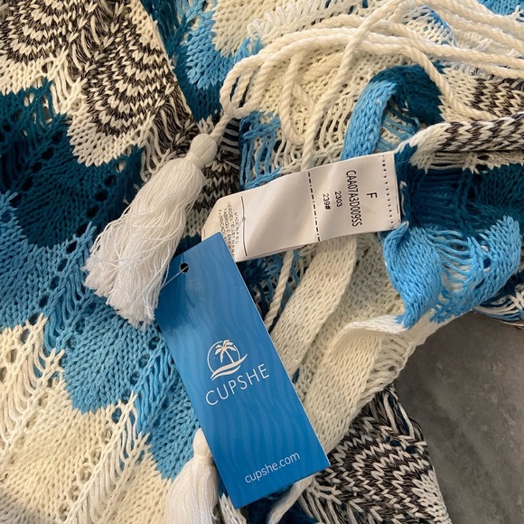 NWT Cupshe One Size Blue White Open Knit Side Tie Tassel Swinsuit Coverup - Picture 10 of 11